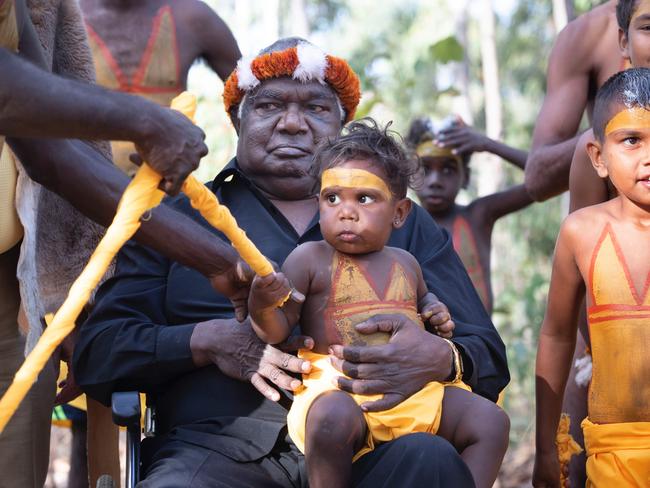 Dr Galarrwuy Yunupingu and members of the Gumatj clan preparing to perform bunggul (traditional dance) at the opening ceremony of Garma Festival. Picture: Peter Eve