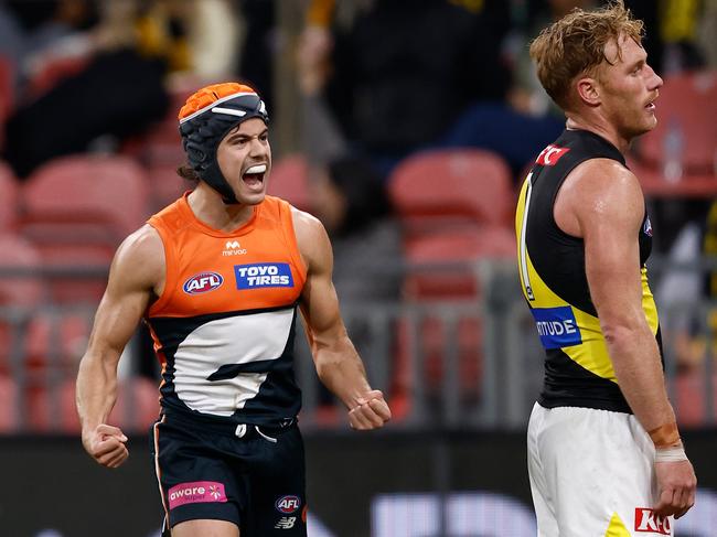 Darcy Jones celebrates a final term goal against the Tigers. Picture: Michael Willson/AFL Photos