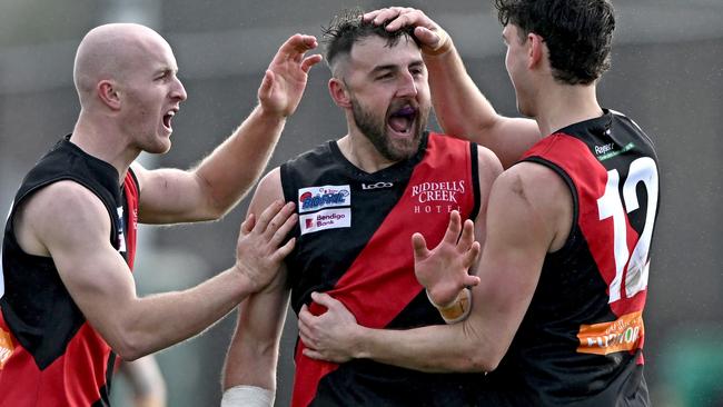 RiddellÃs Dylan Tarczon, centre celebrates a goal during the ERDFNL Riddell v Wallan Qualifying 2 football match in Romsey, Saturday, Aug. 31, 2024. Picture: Andy Brownbill