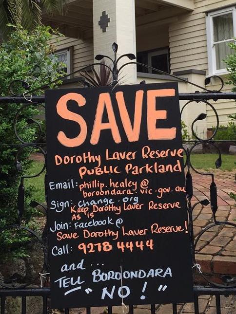 Residents next to Dorothy Lavery Reserve West put up signs protesting against the development. 