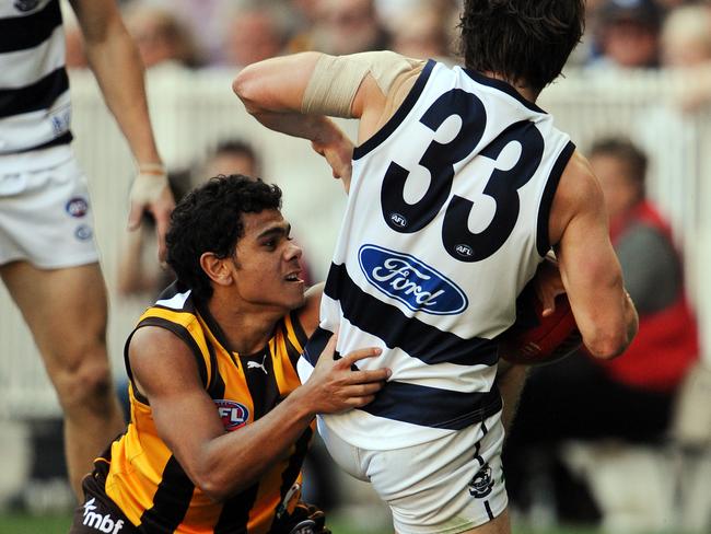 Cyril Rioli’s massive tackle on Max Rooke in the 2008 grand final typified his unbelievable pressure.