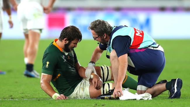 Lodewyk de Jager of South Africa receives treatment during the Rugby World Cup 2019 Final. Picture: Getty Images