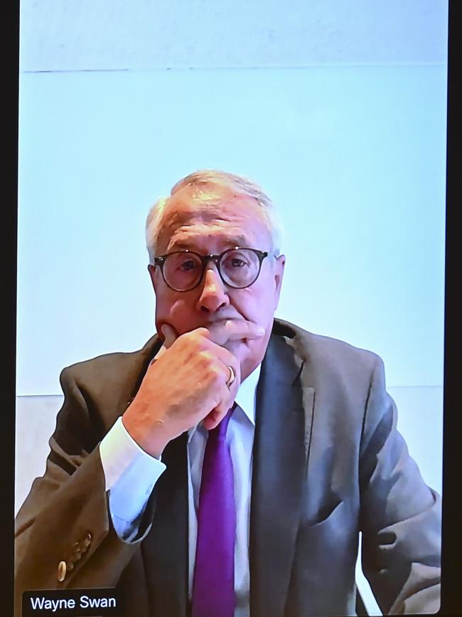 CBUS chair Wayne Swan appears via video conference at the Economics References Committee public hearing. Picture: Martin Ollman