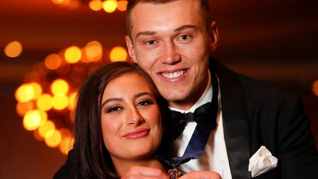 MELBOURNE, AUSTRALIA - SEPTEMBER 18: Patrick Cripps of the Blues is seen with partner Monique Fontana after being announced as the winner of the Brownlow Medal during the 2022 Brownlow Medal at Crown Palladium on September 18, 2022 in Melbourne, Australia. (Photo by Michael Willson/AFL Photos via Getty Images)