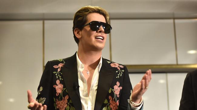 Right-wing British provocateur Milo Yiannopoulos answers questions during a speech. Picture: Mark Graham/AFP