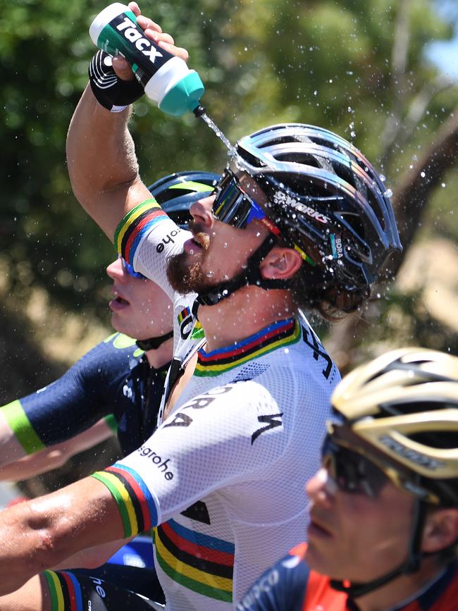 World champion Peter Sagan cooling down during the scorching TDU of 2017. Picture: AAP