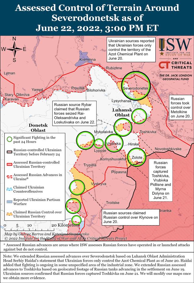 Russian forces are closing in on Lysychansk and Sievierodonetsk. Picture: IWS