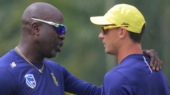 South African paceman Dale Steyn (right), pictured with coach Ottis Gibson, has been ruled out of the cricket World Cup with a shoulder injury. Picture: AP