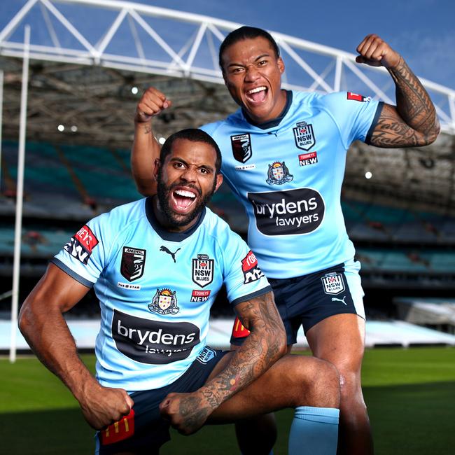 Josh Addo Carr and Brian To’o model the new look old school NSW jersey. Picture: Gregg Porteous