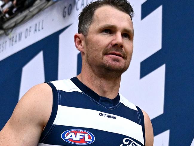 MELBOURNE, AUSTRALIA - SEPTEMBER 21: Patrick Dangerfield (c) of the Cats leads the team out during the AFL Preliminary Final match between Geelong Cats and Brisbane Lions at Melbourne Cricket Ground, on September 21, 2024, in Melbourne, Australia. (Photo by Quinn Rooney/Getty Images)