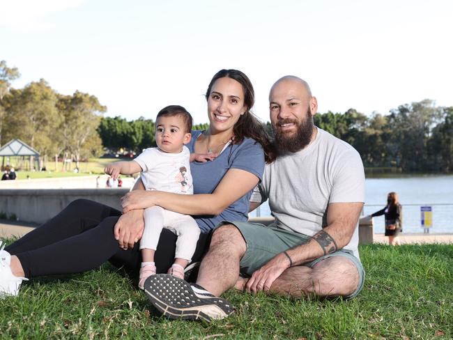 Pictured at Bicentennial Park at Homebush is Mervat Chehade and Bass Chehade with their one year old daughter Lara. Picture: Richard Dobson