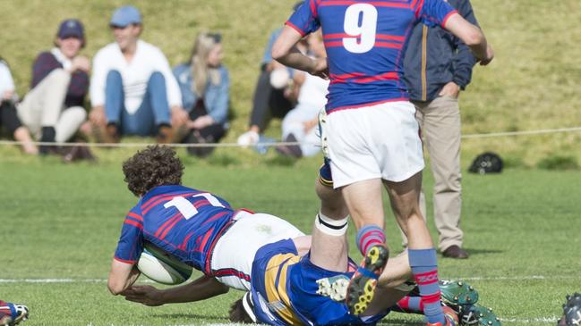 Tom Gore scores a try for Downlands. O'Callaghan Cup, Downlands vs TGS. Saturday, 9th Sep, 2017.