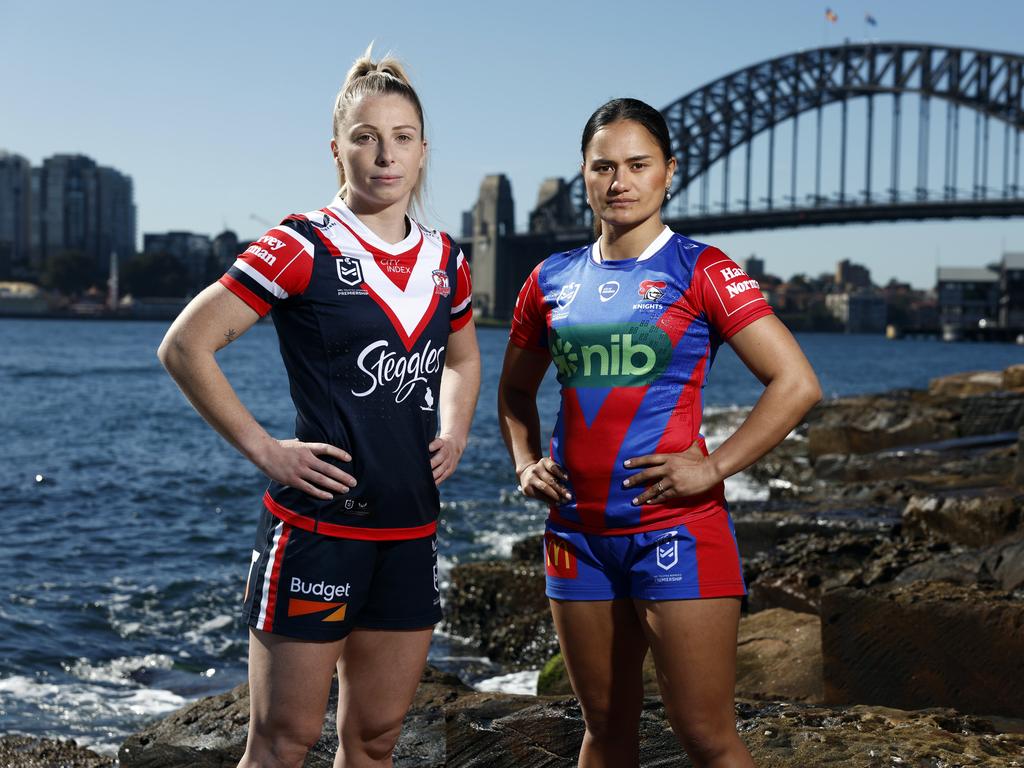 Sydney Roosters’ Tarryn Aiken and Newcastle Knights’ Nita Maynard at the NRLW season 2024 launch. Picture: Richard Dobson