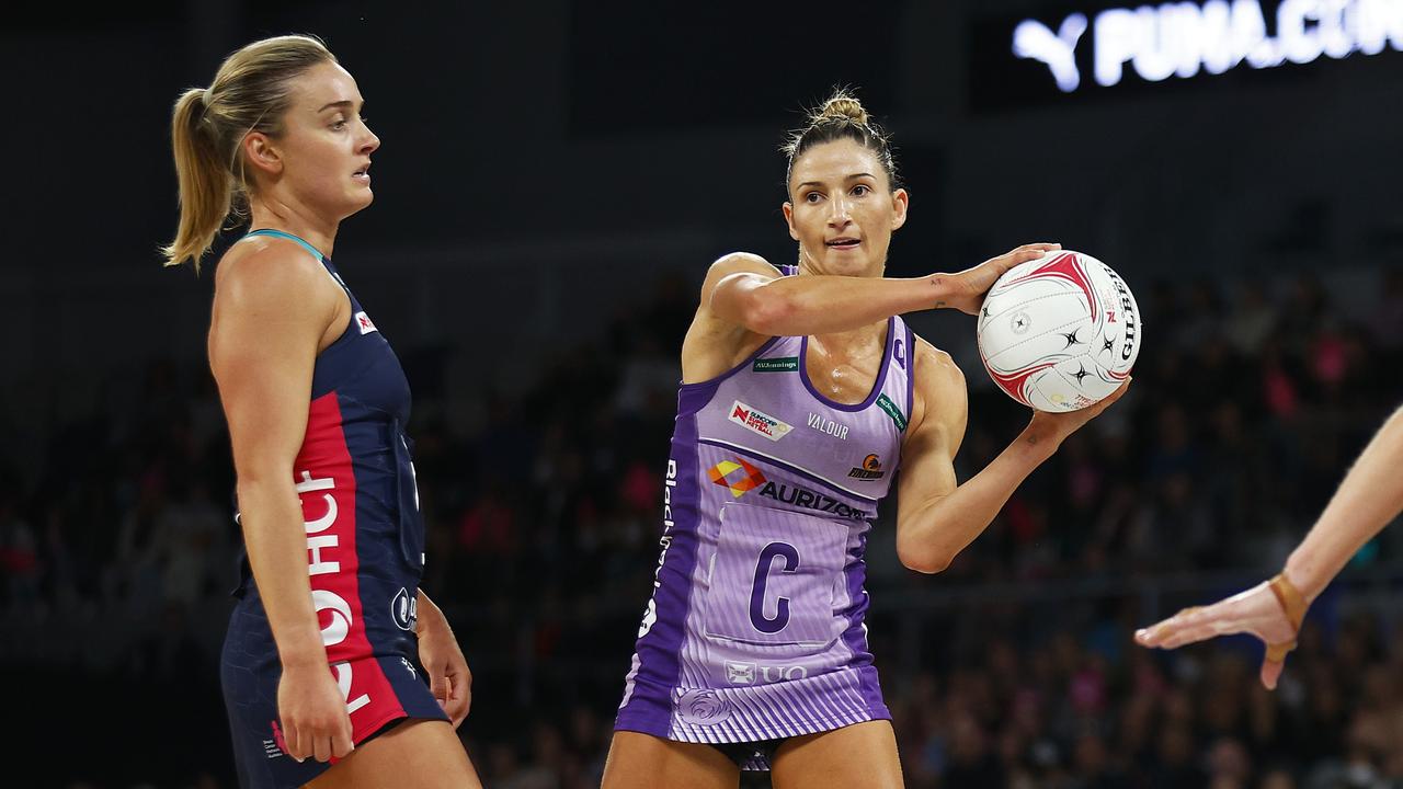 Kim Ravaillion of the Firebirds passes the ball against Melbourne Vixens. Photo: Getty Images