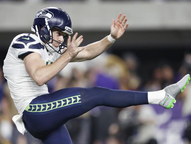 Michael Dickson #4 of the Seattle Seahawks became the first player in NFL history to boot six or more punts for an average of 59-plus yards in last week’s debut against the Denver Broncos. Picture: Getty Images