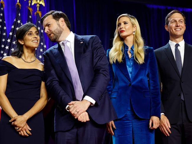 Usha Vance and Republican vice presidential nominee, JD Vance stood near Ivanka Trump and Jared Kushner on the big night. Picture: Getty Images.