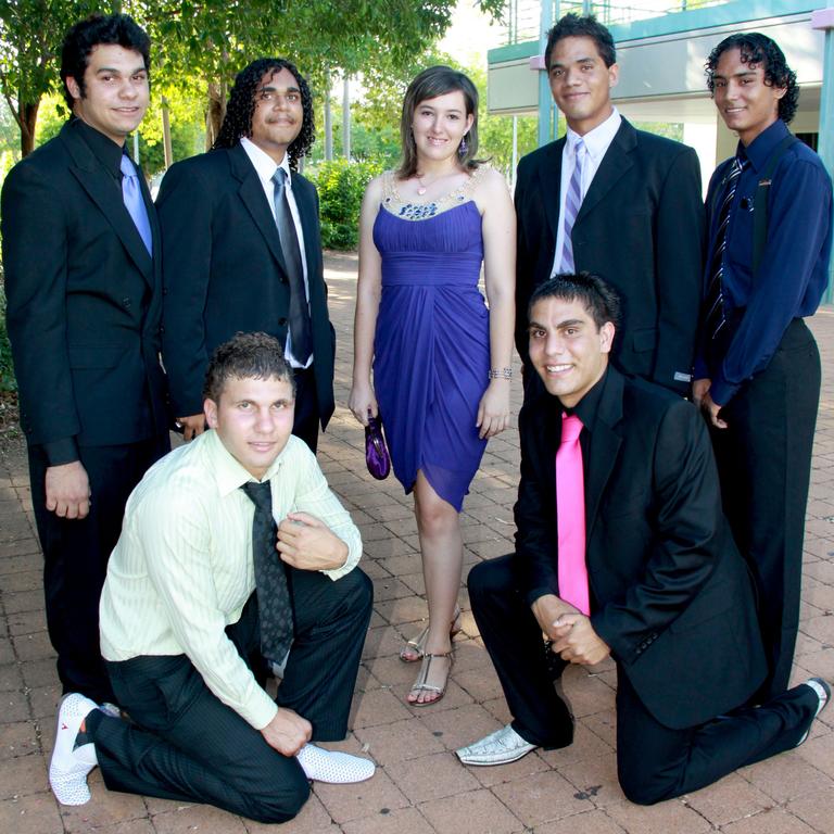 Ethan Woods-Alum, Travis Braun, Suzannah Fowler, Natthanyal Hunter, Corey Cameron with Laurie Barrett and Silas Purcell at the 2010 Katherine High School formal. Picture: NT NEWS