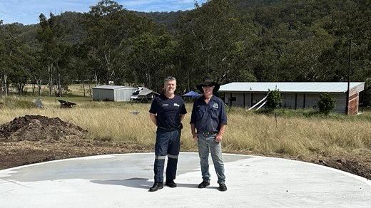 LifeFlight Toowoomba Base lead Scott Nicholls and Goomburra Valley Campground owner Brad Badgery at the campground's newly established helicopter pad.