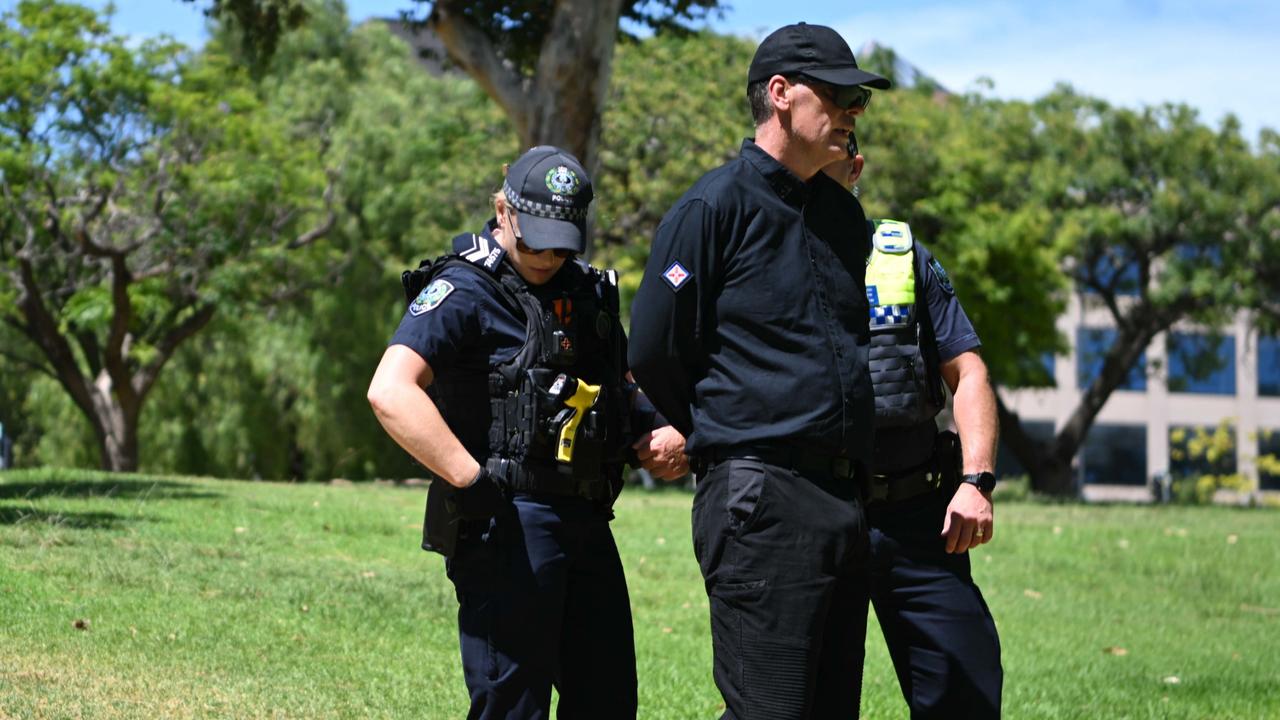 One of the alleged neo-nazis is arrested by police on Australia Day. Picture: Tracey Nearmy/Getty