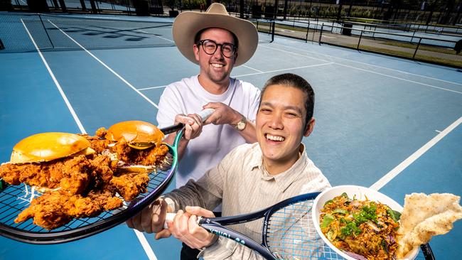 Nam Nguyen, owner of Brunswick Vietnamese restaurant Good Days, and Charlie Carrington, chef and owner of new eatery Tennessee Wingboys, showcase the dishes they’ll be serving at the Australian Open. Picture: Jake Nowakowski