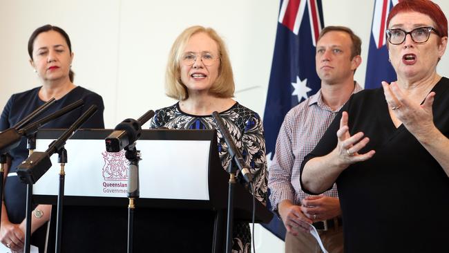 As a news conference to give the latest on the novel coronavirus – Queensland Premier Annastacia Palaszczuk, her Chief Health Officer Dr Jeannette Young, Health Minister Steven Miles and a translator for the hearing-impaired community. Photo: Richard Gosling, AAP.