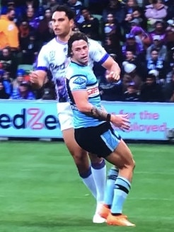 Nicho Hynes watches on as his loose pass hits the deck. Picture: Fox League