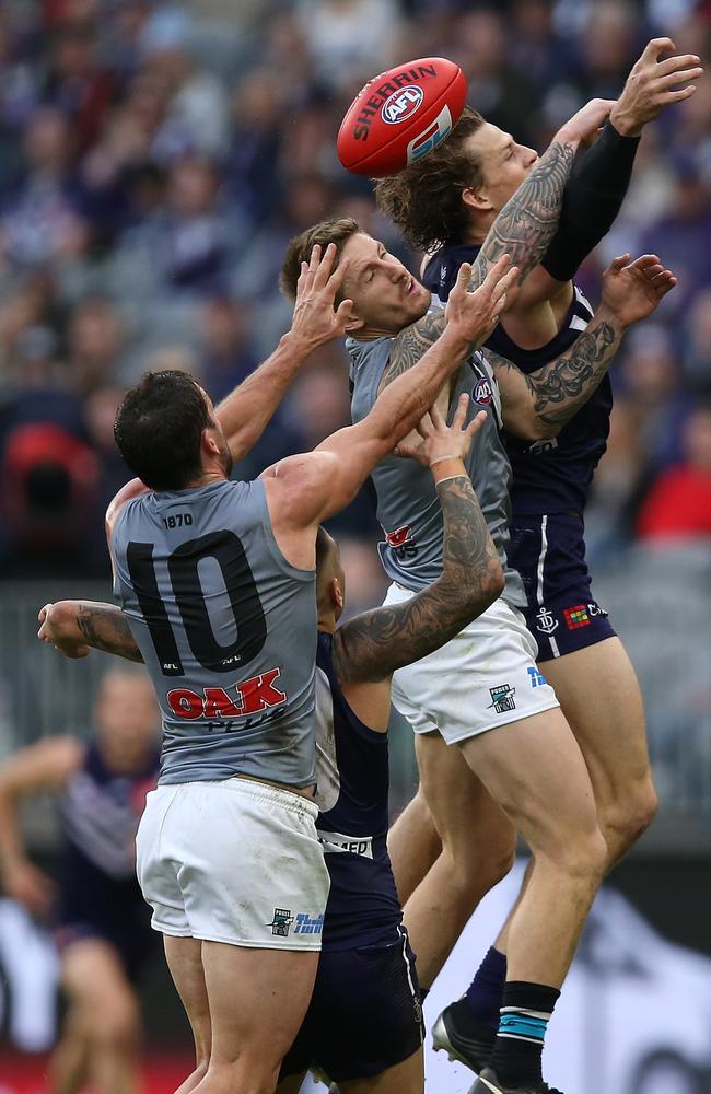 Hamish Hartlett spoils Fremantle star Nathan Fyfe on Saturday. Picture: Paul Kane/Getty Images