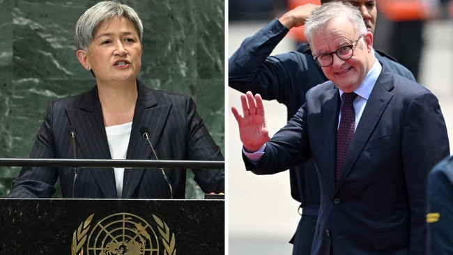 Foreign Minister Penny Wong speaks at the UN headquarters in New York in September; and, Anthony Albanese arrives at the APEC summit in Lima, Peru, on Thursday (AEDT).