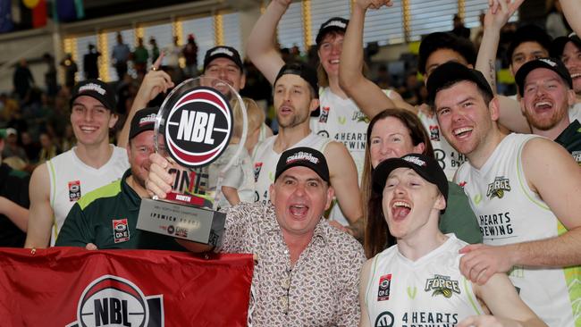 Jason Ralph (far right) celebrating with the team after the win against the Gold Coast Rollers at the Carrara Indoor stadium, Gold Coast, Sunday, August 6, 2023. Photo: Regi Varghese
