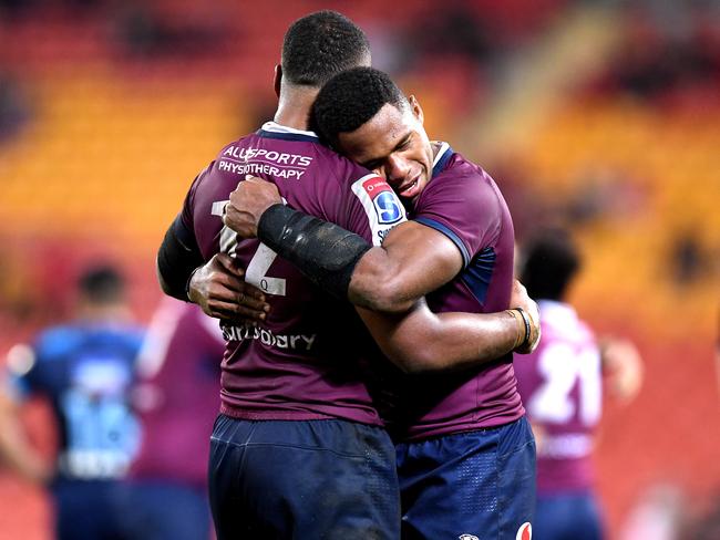 Filipo Daugunu hugs Samu Kerevi after the match. Picture: Getty Images