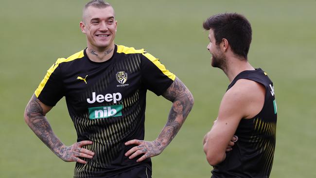 Dustin Martin shares a laugh with Trent Cotchin. Picture: Michael Klein