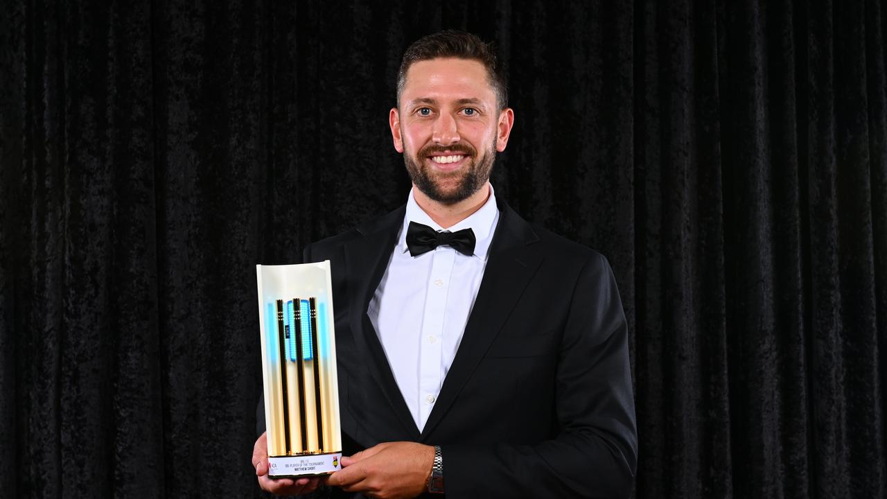 Matt Short with his BBL Player of the Tournament trophy (Photo by Morgan Hancock/Getty Images for Cricket Australia)