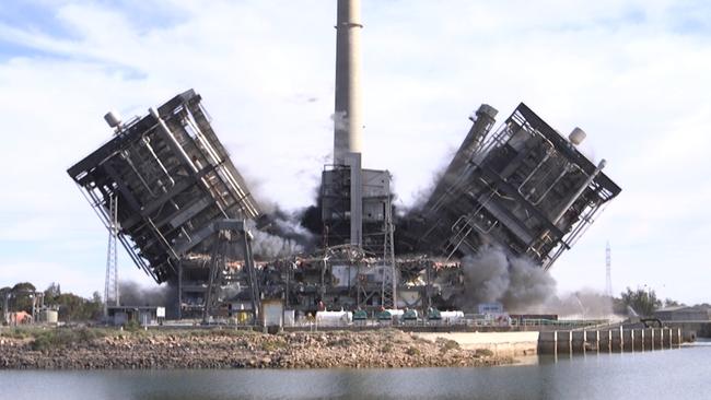 Two 10,000 tonne Northern Power Station boilers being demolished using charge-cutting explosives. The station closed prematurely in 2016. Picture: McMahon Services