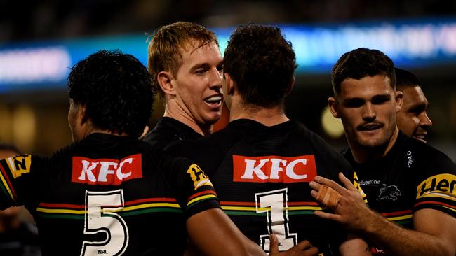 Zac Hosking celebrates a try against the Raiders. Picture: NRL Photos