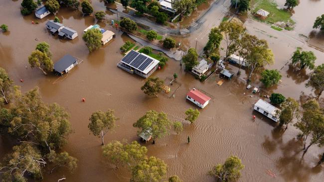 A drone view shows the floodwater impact that affected the Rochester township on January 9, 2024 in Rochester, Australia. Picture: Diego Fedele