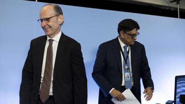 ANZ chief executive Shayne Elliott and chief financial officer Farhan Faruqui in Melbourne on Friday. Picture: Arsineh Houspian