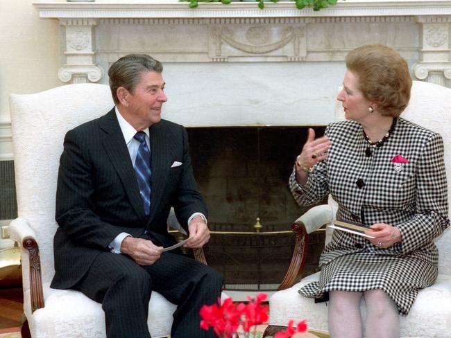 US President Ronald Reagan meeting with Prime Minister Margaret Thatcher of the United Kingdom in the Oval Office of the Whote House in Washington, DC, 16/11/1988, as part of The 80s Are Back exhibition at Powerhouse Museum, Darling Harbour, Sydney. Pic credit courtesy Ronald Reagan Library.