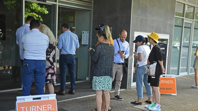 More than 20 groups of hopeful renters attended an inspection at the Citi Fringe apartments on South Terrace on Wednesday. Picture: Tom Huntley