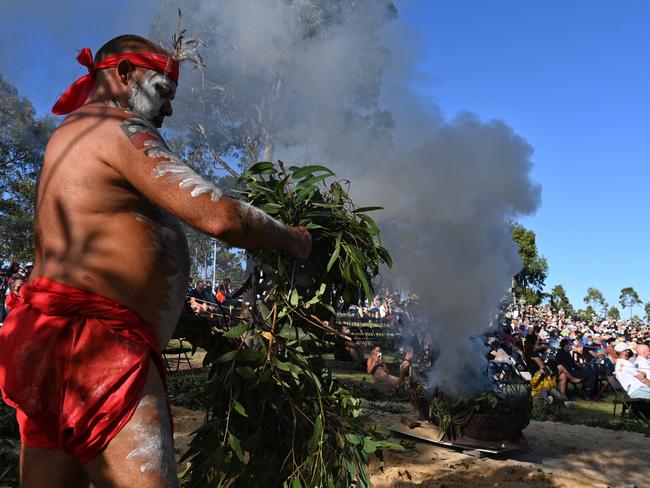 A smoking ceremony at Barangaroo on Australia Day 2021. Photo: Nick Moir