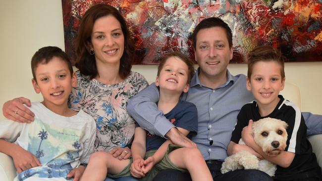 Matthew Guy with his wife Renae, and sons, Joseph (10), Sam (8) and Alexander (5) with their dog Wally. Picture: Tony Gough