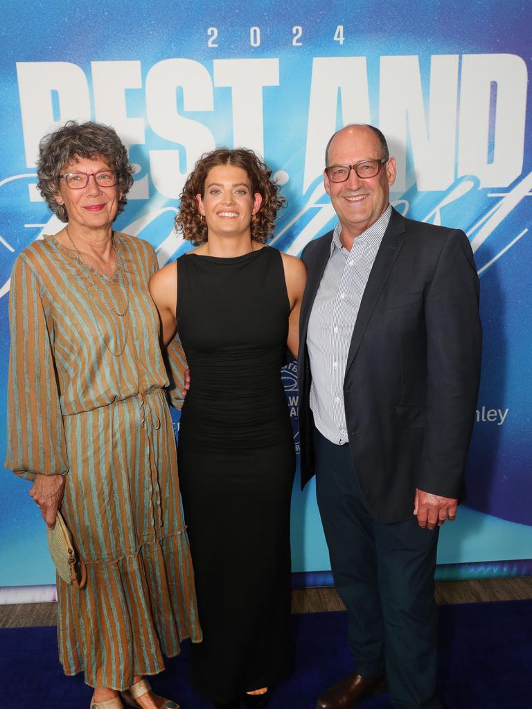 Geelong Cats’ AFLW best and fairest Blue Carpet arrivals at Kardinia Park — Cats midfielder Nina Morrison (middle) with Julianne and Dougal Morrison. Picture: Mark Wilson