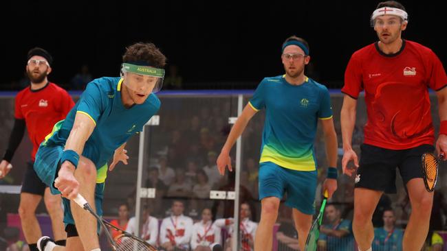 Cameron Pilley and Ryan Cuskelly in action during the men’s squash. Picture: Getty Images