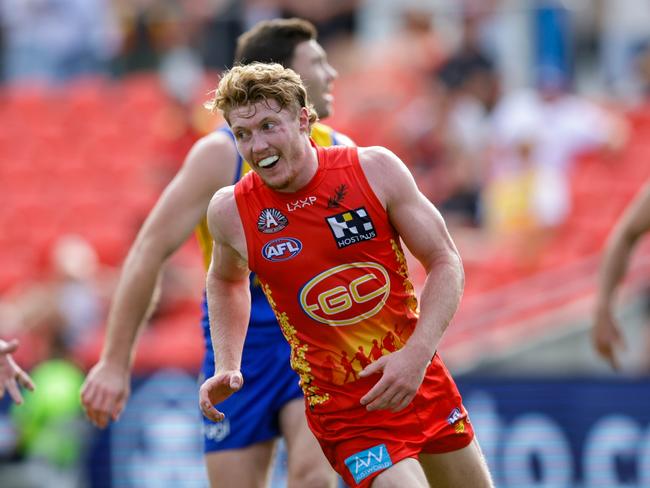 GOLD COAST, AUSTRALIA - APRIL 28: Matt Rowell of the Suns celebrates a goal during the 2024 AFL Round 07 match between the Gold Coast SUNS and the West Coast Eagles at People First Stadium on April 28, 2024 in Gold Coast, Australia. (Photo by Russell Freeman/AFL Photos via Getty Images)