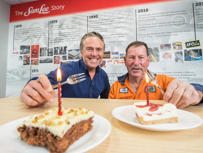 Sara Lee managing director Mark Mackaness (L) and long-serving employee Kym Gurney (R) celebrate the iconic food company’s 50th birthday. Picture: Troy Snook