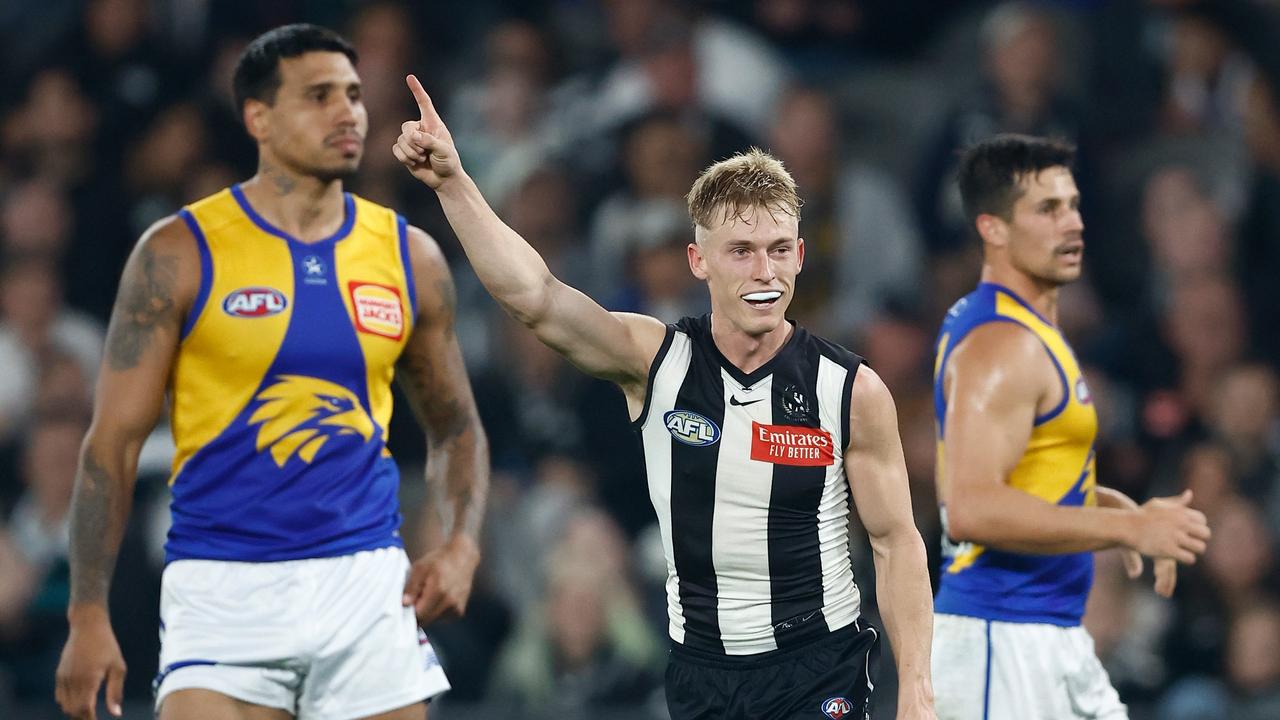 MELBOURNE, AUSTRALIA - MAY 12: Joe Richards of the Magpies celebrates his first league goal during the 2024 AFL Round 09 match between the Collingwood Magpies and the West Coast Eagles at Marvel Stadium on May 12, 2024 in Melbourne, Australia. (Photo by Michael Willson/AFL Photos via Getty Images)