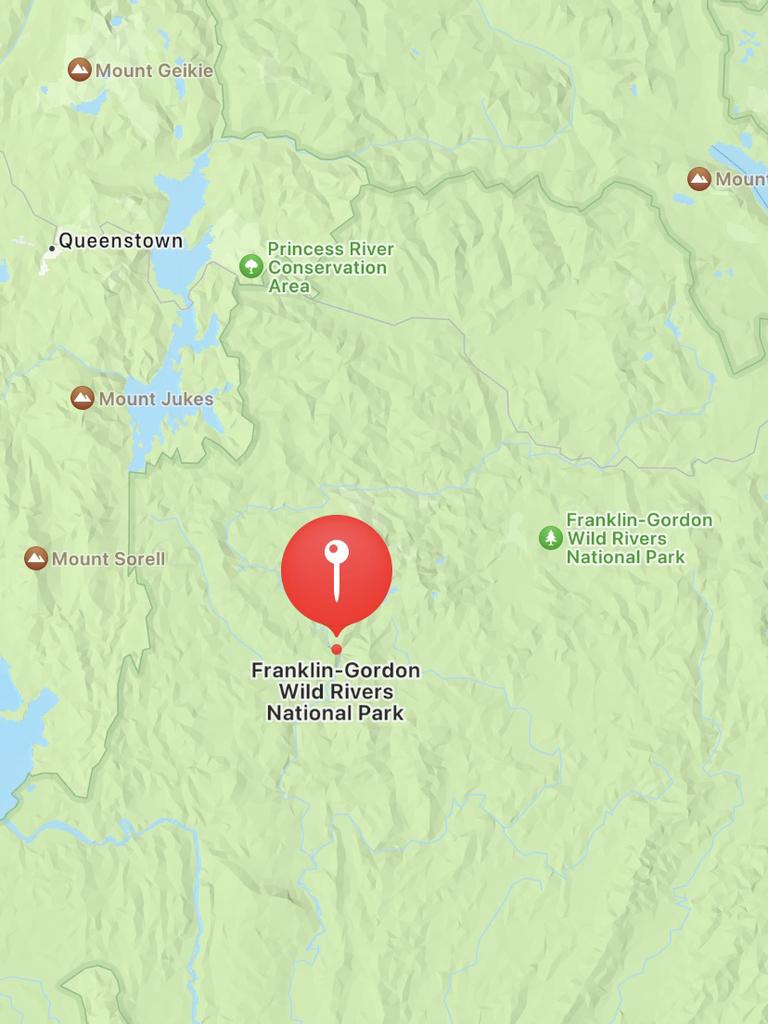 Map showing the area on the Franklin River where a man in his 60s became trapped and had to have his leg amputated. Picture: supplied by Tasmania Police