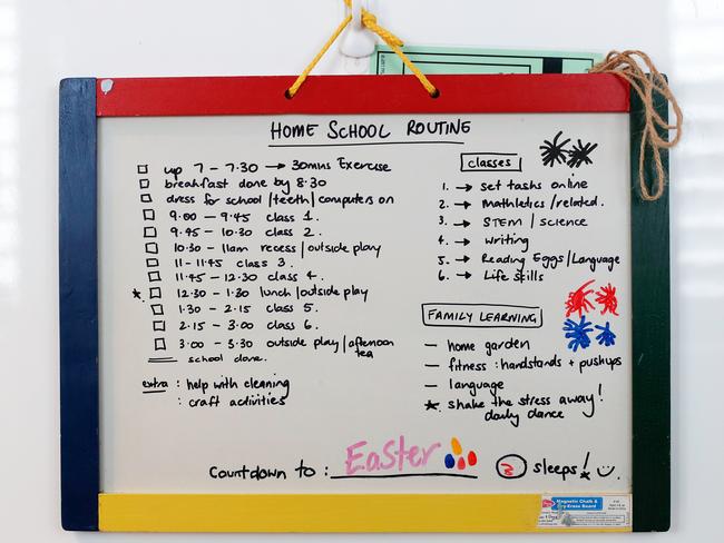 A list of home schooling routine is seen at Donna Eddy’s Sydney home. Picture: AAP