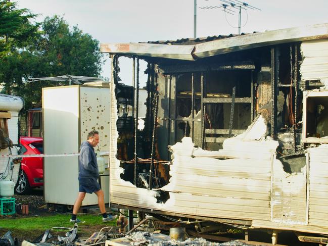 MELBOURNE AUSTRALIA - NewsWire Photos JUNE 24, 2023: The scene of a caravan fire, where a body was found, at Honey Hush Caravan Park in Laverton North.Picture: NewsWire / Luis Enrique Ascui