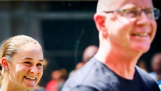 Australia's Ashleigh Barty watches on as coach Craig Tyzzer speaks to the media on Thursday. Picture: AFP