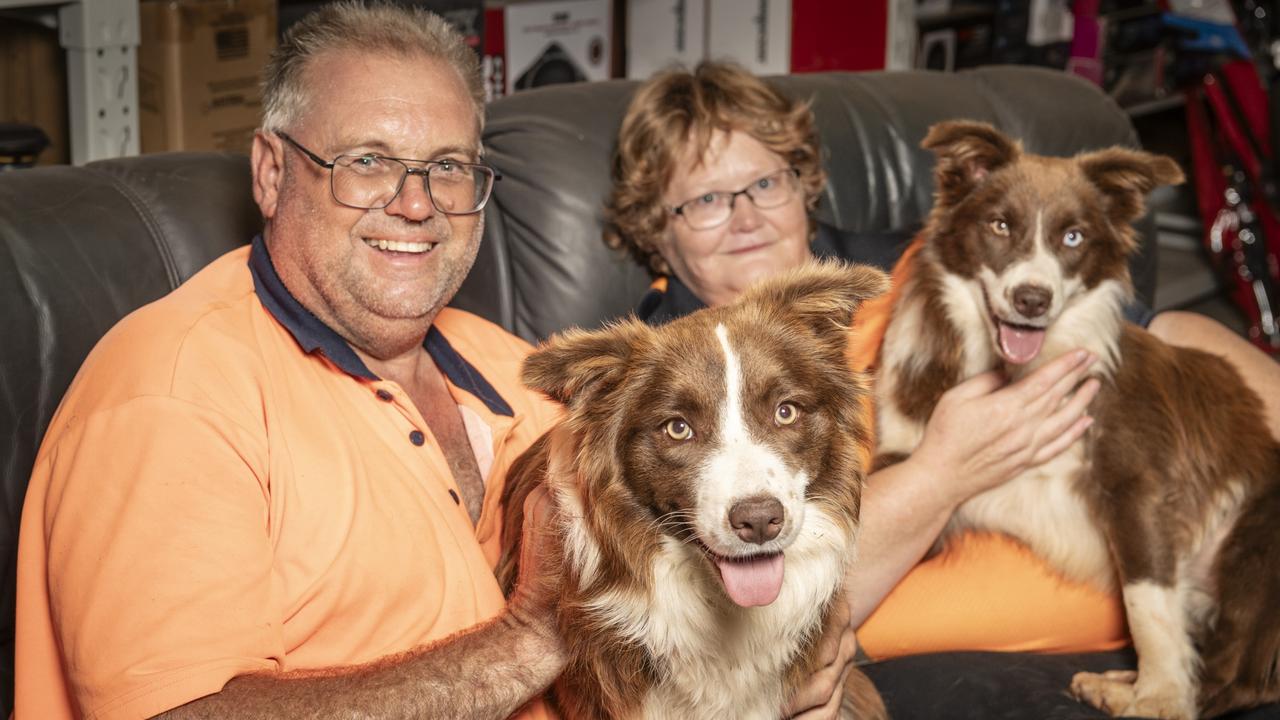 Graeme and Laureen Butzbach, with their dogs Lilly (front) and Bossy Flossy, would like to see procedural changes at the animal management centre, Wednesday, January 10, 2024. Picture: Kevin Farmer